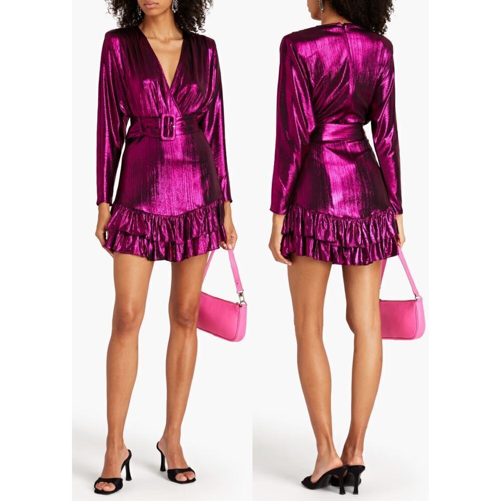 Retrofête Maureen wrap-effect metallic jersey mini dress XS Purple‎ New